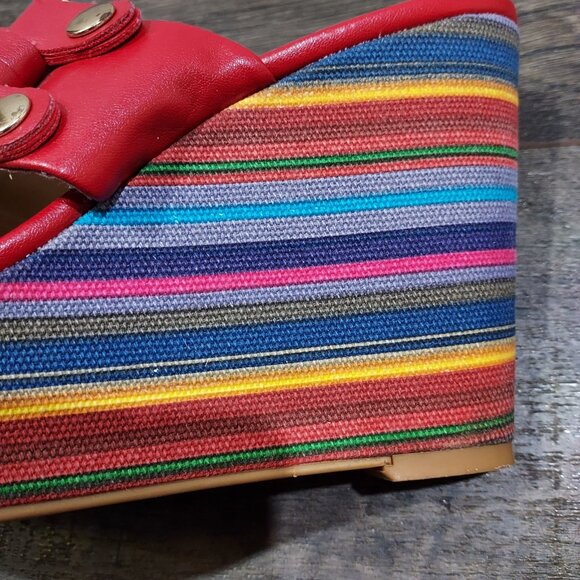 Nine West Red Lara Striped Wedge Slip on Sandals Sz 7.5 Beachcore - Picture 10 of 13